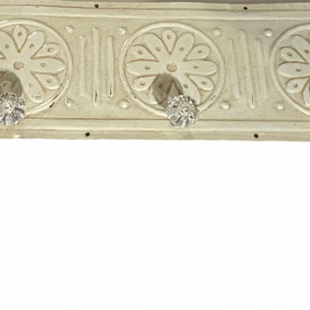 Vintage Style Embossed Antique White Metal Wall Rack Glass Knob Hangers. 24”